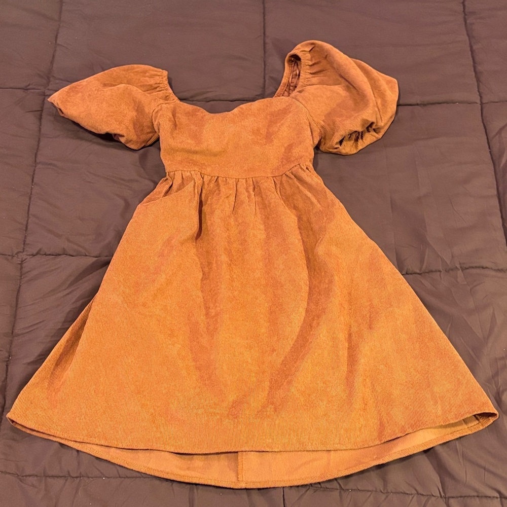 Francesca's Collections Puff Sleeve Kids Dress in Warm Brown